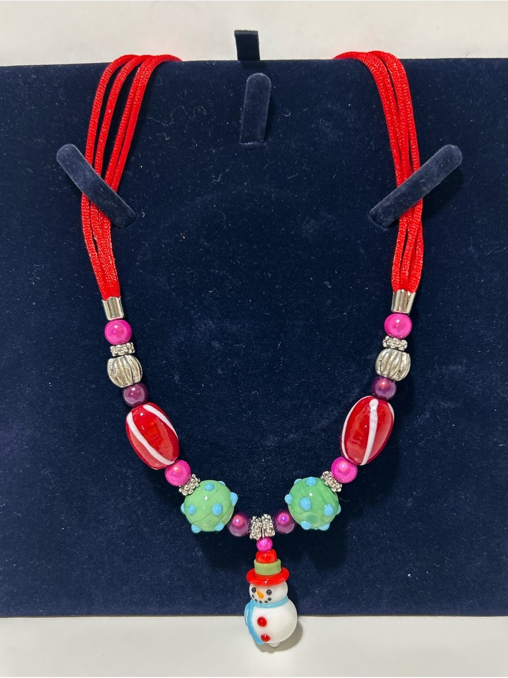 Handcrafted Red Bead 18” Necklace with Snowman Pendant